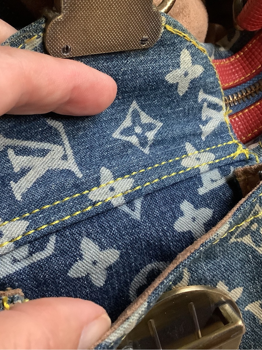 Denim and white, handbag. Red trim.  Signs of use. - Picture 13 of 16